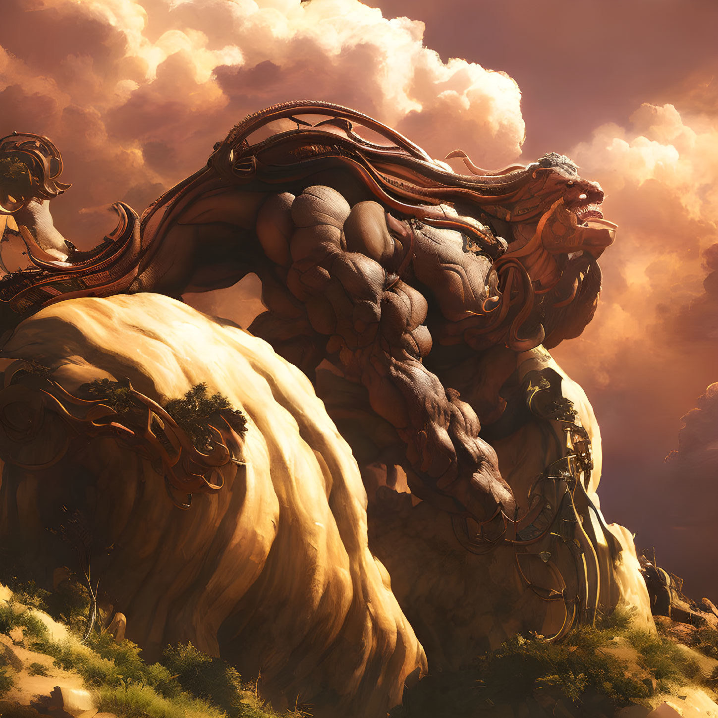 Golden-maned lion-like creature in dark armor on cliff under dramatic sky