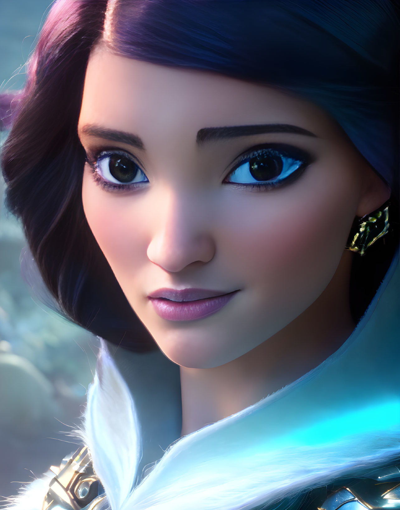 3D animated female character with blue eyes, purple hair, and gold earrings