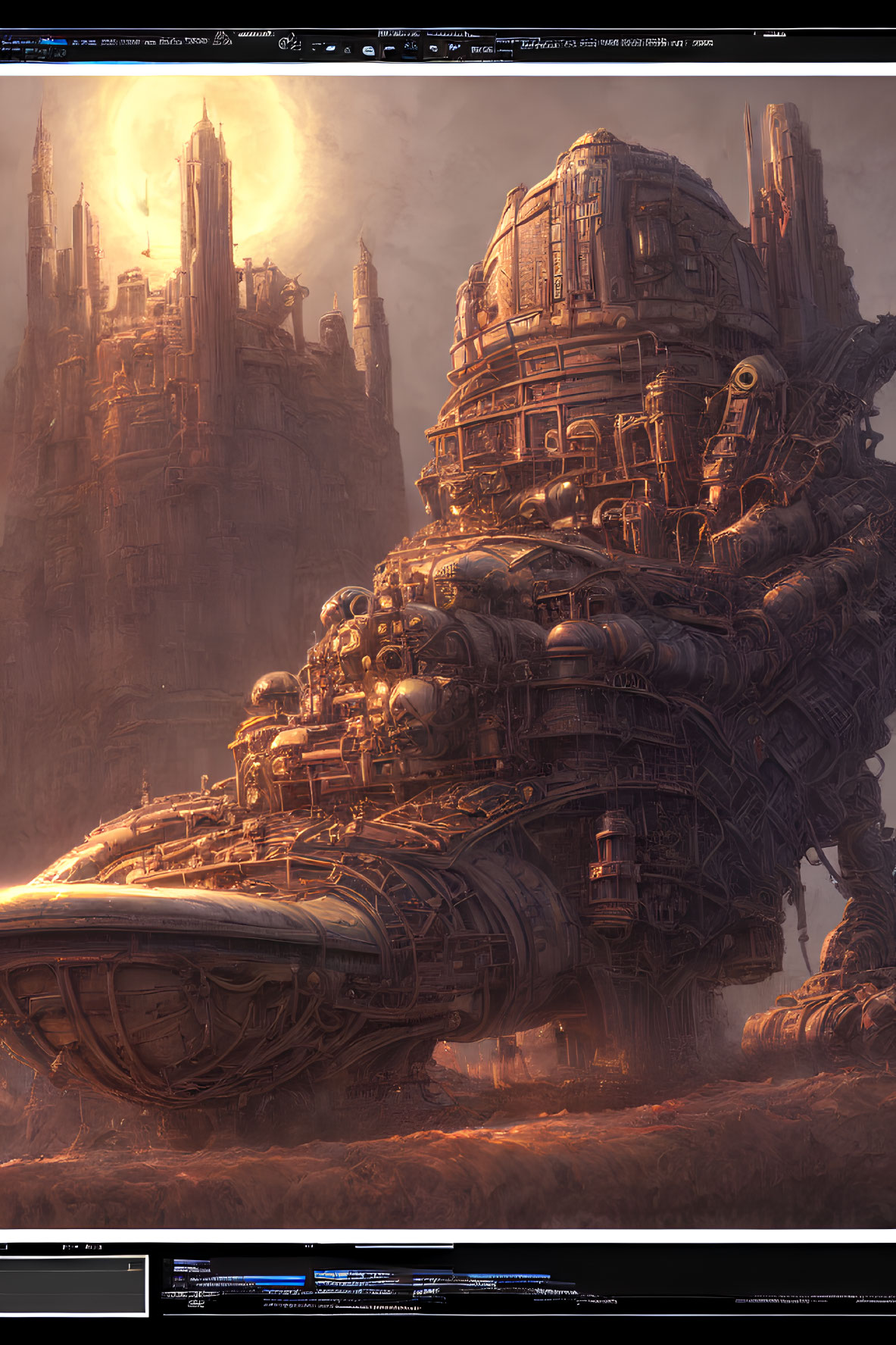 Mechanized city in desert landscape with intricate architecture at sunrise or sunset
