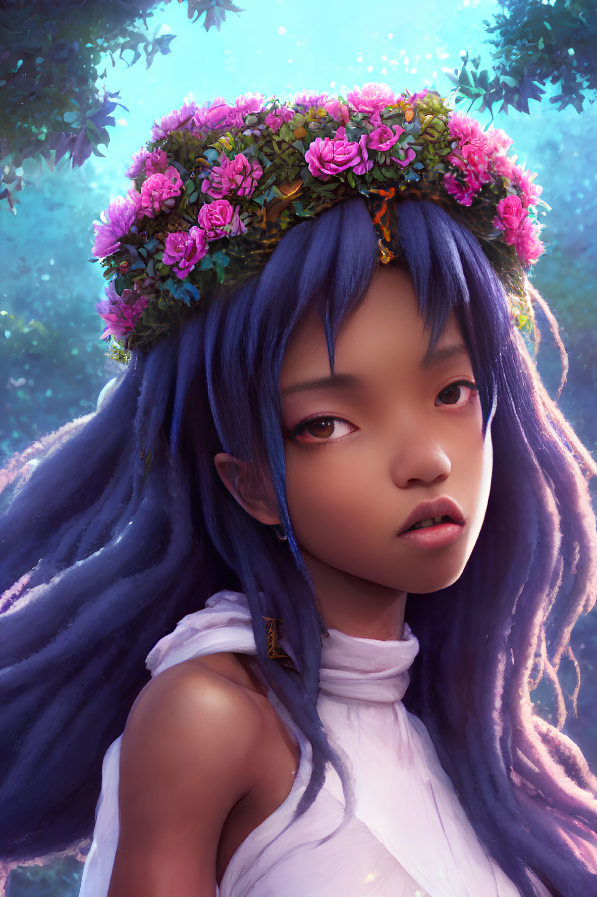 Whimsical character with blue hair and flower wreath in mystical forest