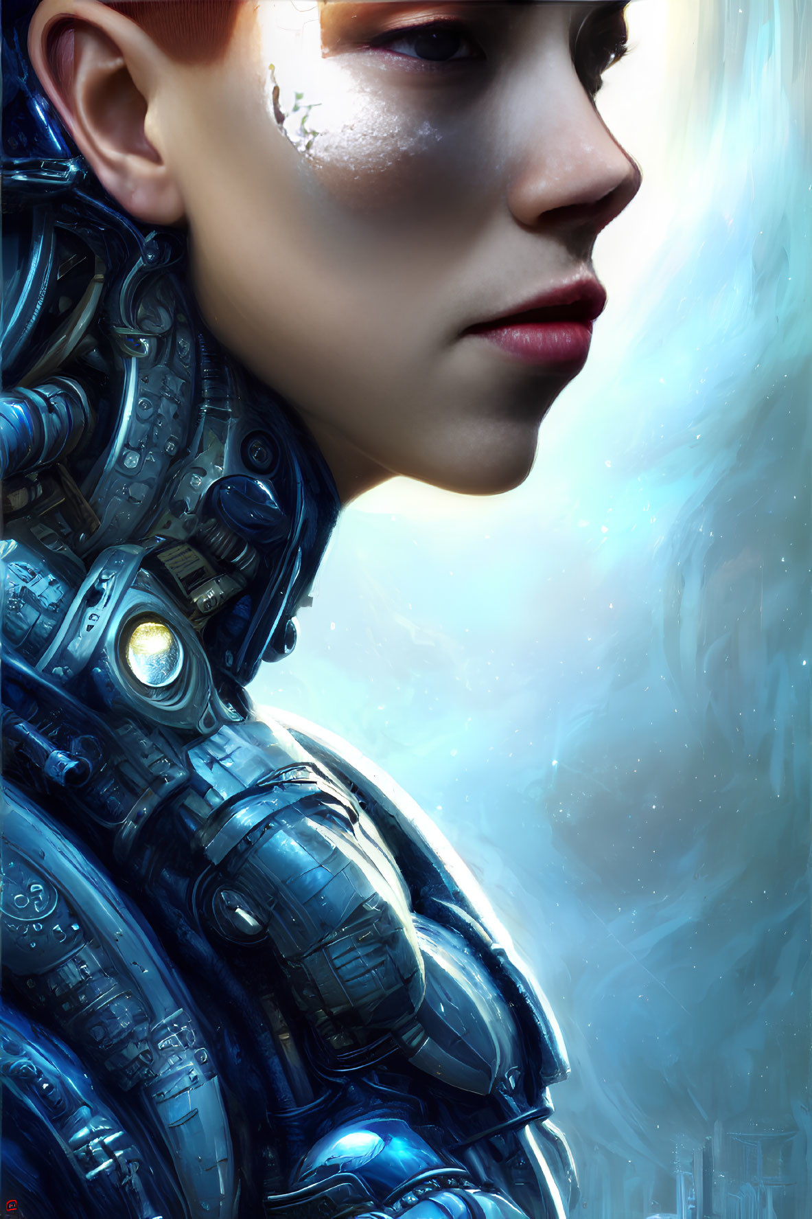 Person with cybernetic enhancements showcasing human and mechanical features on light background