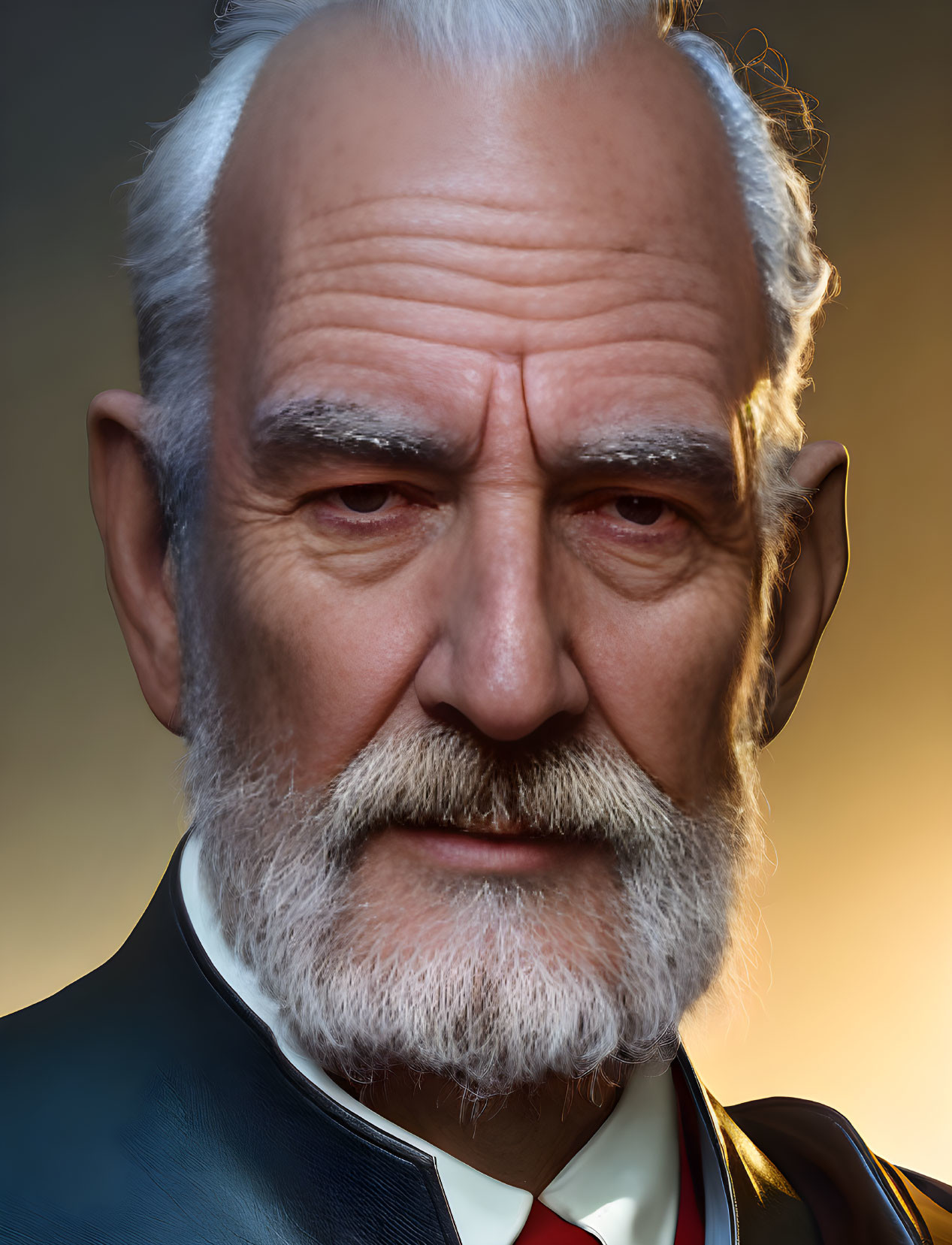 Elderly Man in Dark Suit with White Beard and Blue Eyes