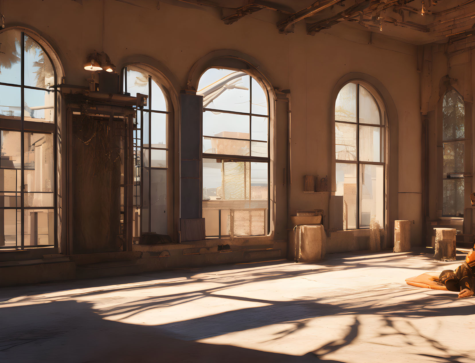 Abandoned room with arched windows and peeling walls in sunlight