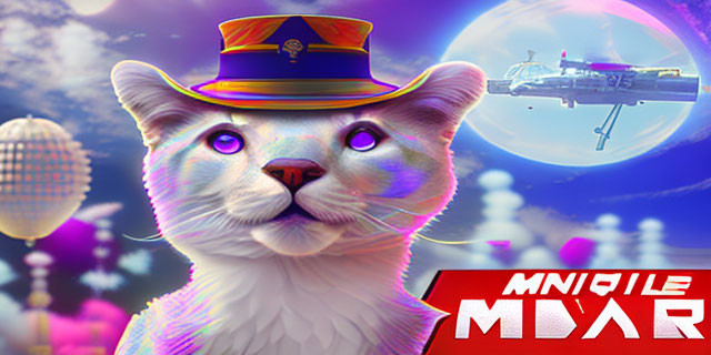 White cat in colorful hat with spaceship and hot air balloons on purple sky