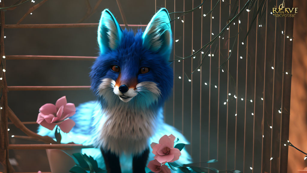 Anthropomorphic fox in blue and orange amidst greenery and pink flowers