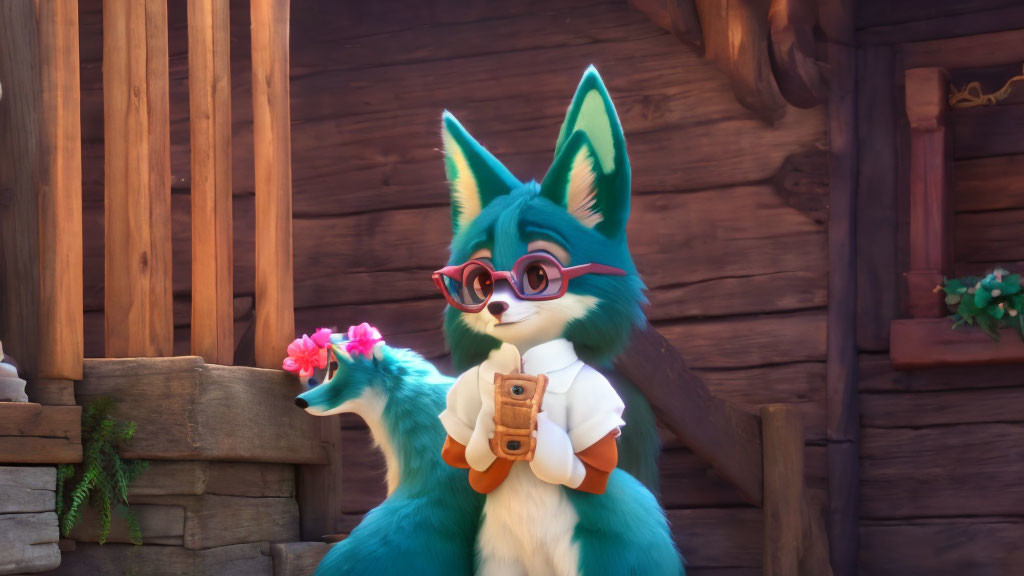 Colorful Fox Character with Camera and Glasses by Wooden Cabin