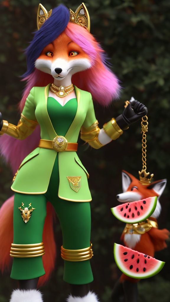 Colorful anthropomorphic fox in green and gold outfit with scepter beside small fox eating watermelon