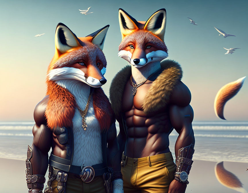 Anthropomorphic foxes in fantasy attire on beach at sunset