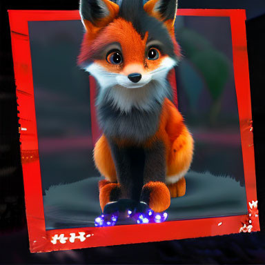 Bright-eyed animated fox with glowing blue paws in red-framed design on dark background