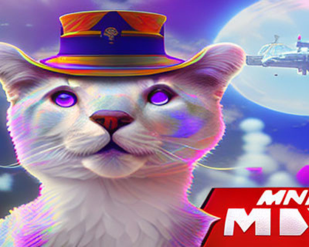 White cat in colorful hat with spaceship and hot air balloons on purple sky