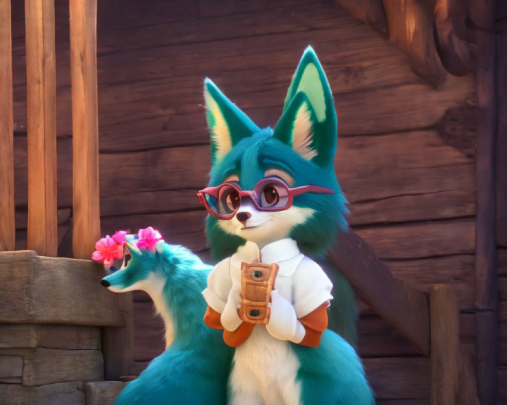 Colorful Fox Character with Camera and Glasses by Wooden Cabin