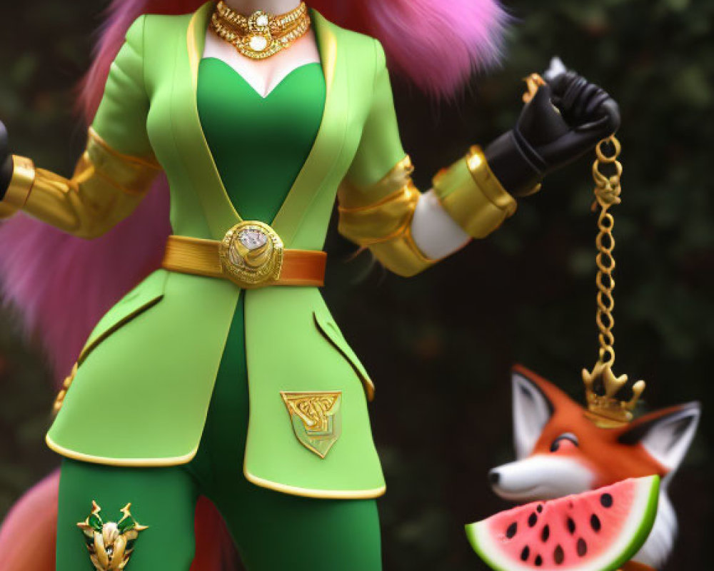 Colorful anthropomorphic fox in green and gold outfit with scepter beside small fox eating watermelon