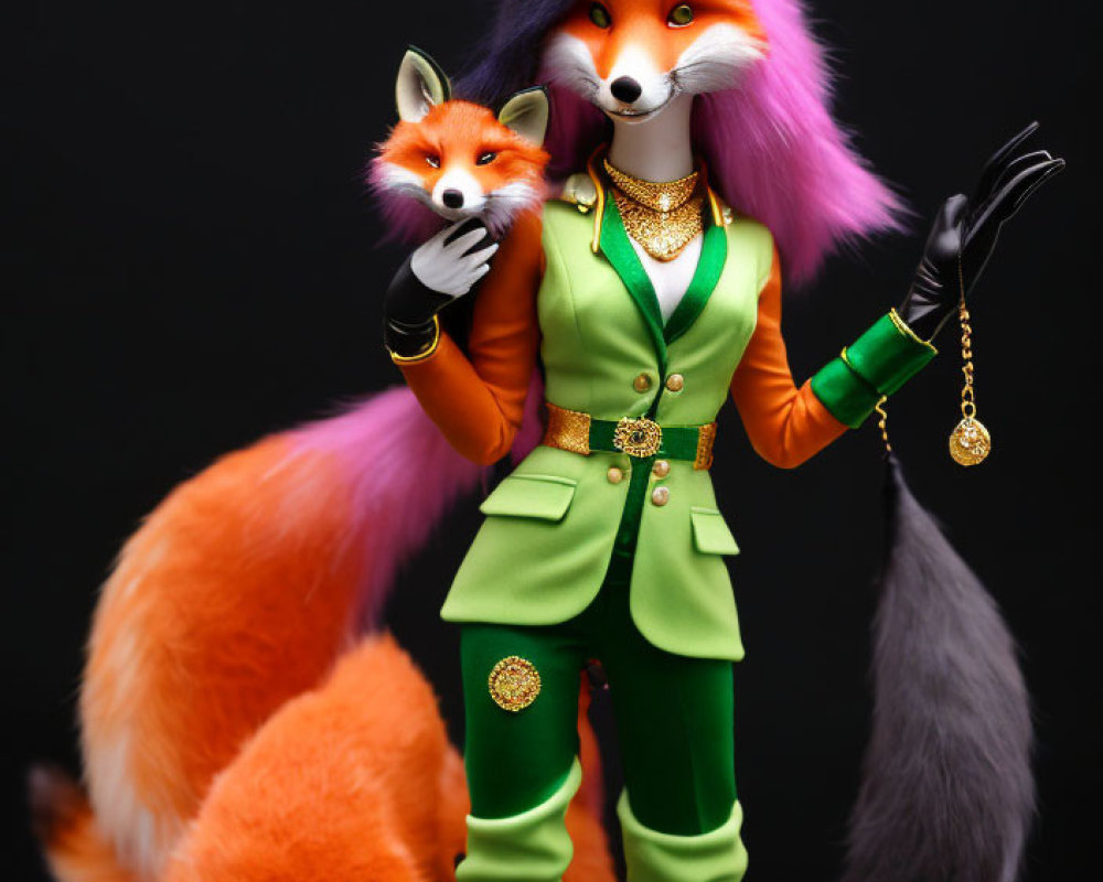 Anthropomorphic fox character in green suit with gold accents holding smaller fox and pocket watch