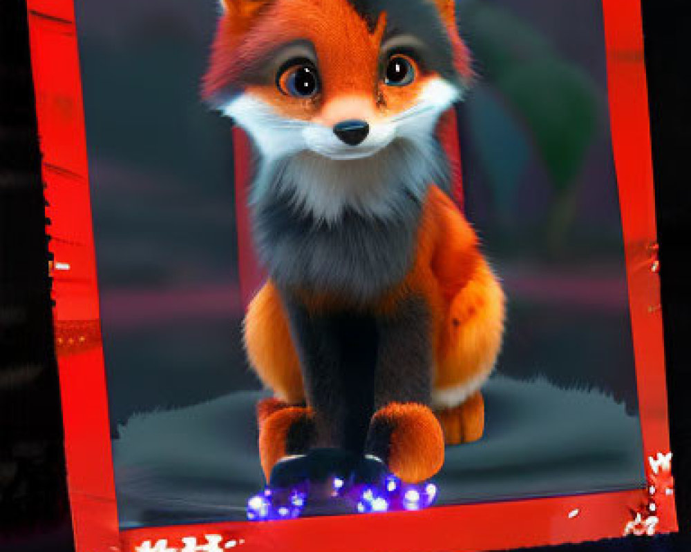 Bright-eyed animated fox with glowing blue paws in red-framed design on dark background