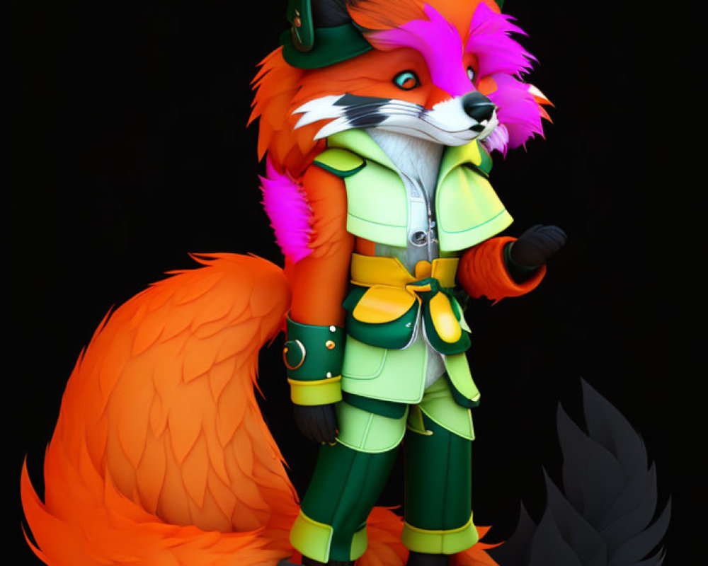 Bright Orange Fur Fox Character in Green Jacket, Belt, and Boots