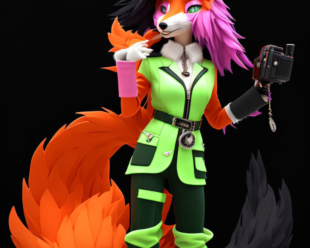 Vibrant orange fox character in neon green suit with camera and drink