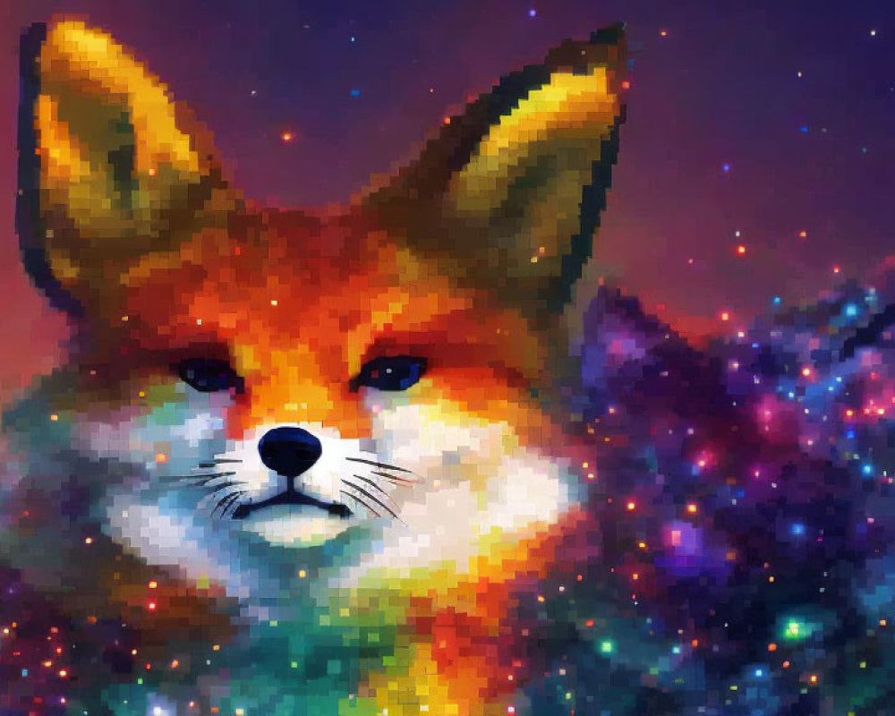 Vibrant cosmic fox illustration with starry space colors on a nebula night sky