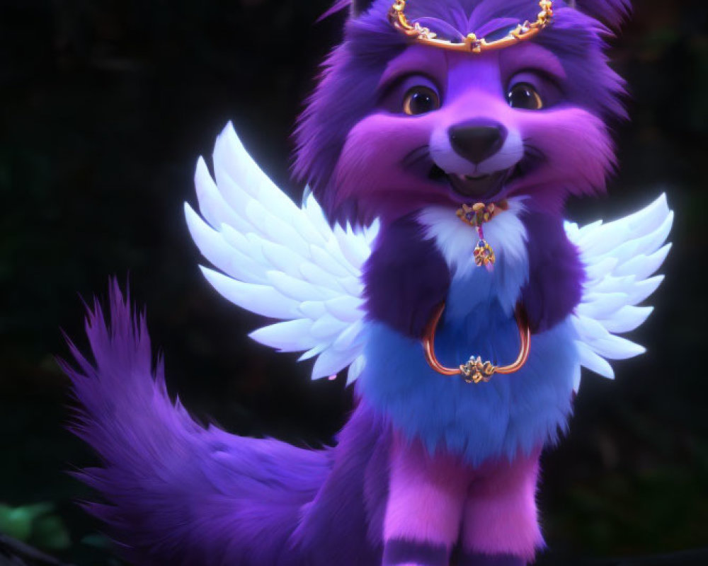 Colorful Animated Wolf with Purple Fur and Wings in Dimly-Lit Mystical Forest