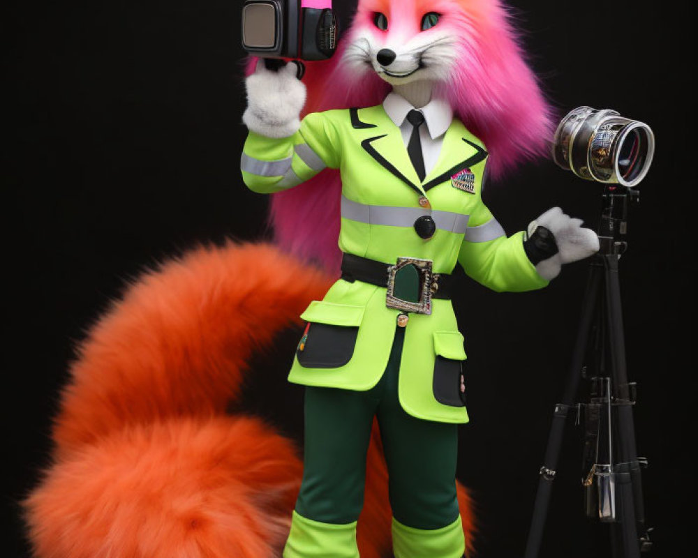 Colorful Fox Mascot in Neon Green Suit with Camera and Tripod