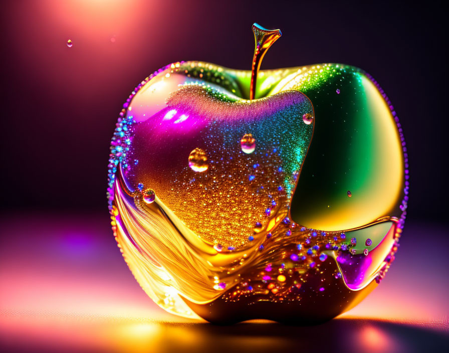 Colorful digital artwork of a glossy apple with water droplets on a gradient backdrop