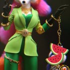 Colorful anthropomorphic fox in green and gold outfit with scepter beside small fox eating watermelon