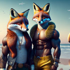 Anthropomorphic foxes in fantasy attire on beach at sunset