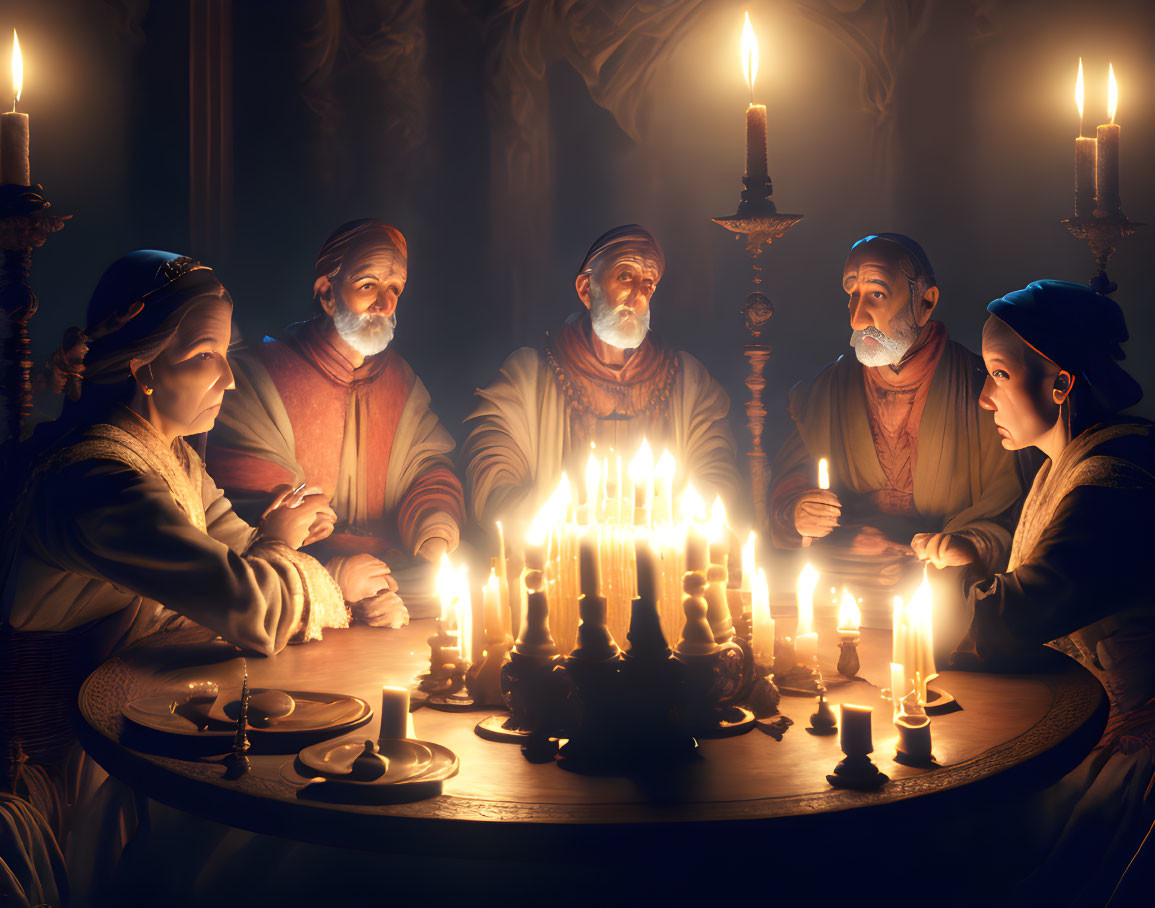 Historical attire group at round table with candle-lit chandelier