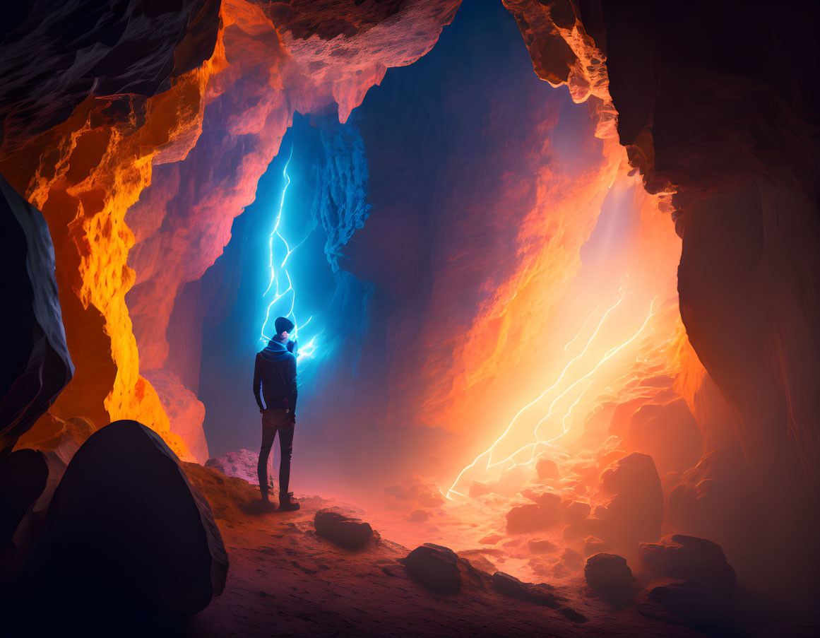 Person in Cave Witnessing Lightning and Orange Glow Contrast