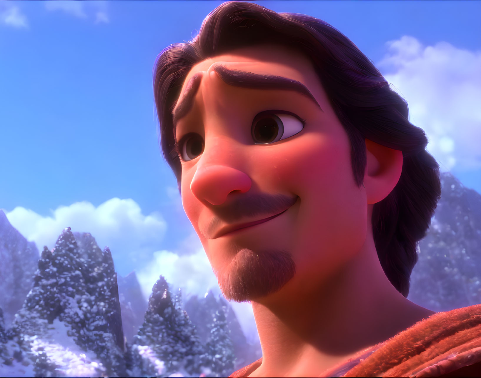 Brown-Haired Male Character with Goatee Smirking Against Snowy Mountains and Purple Sky