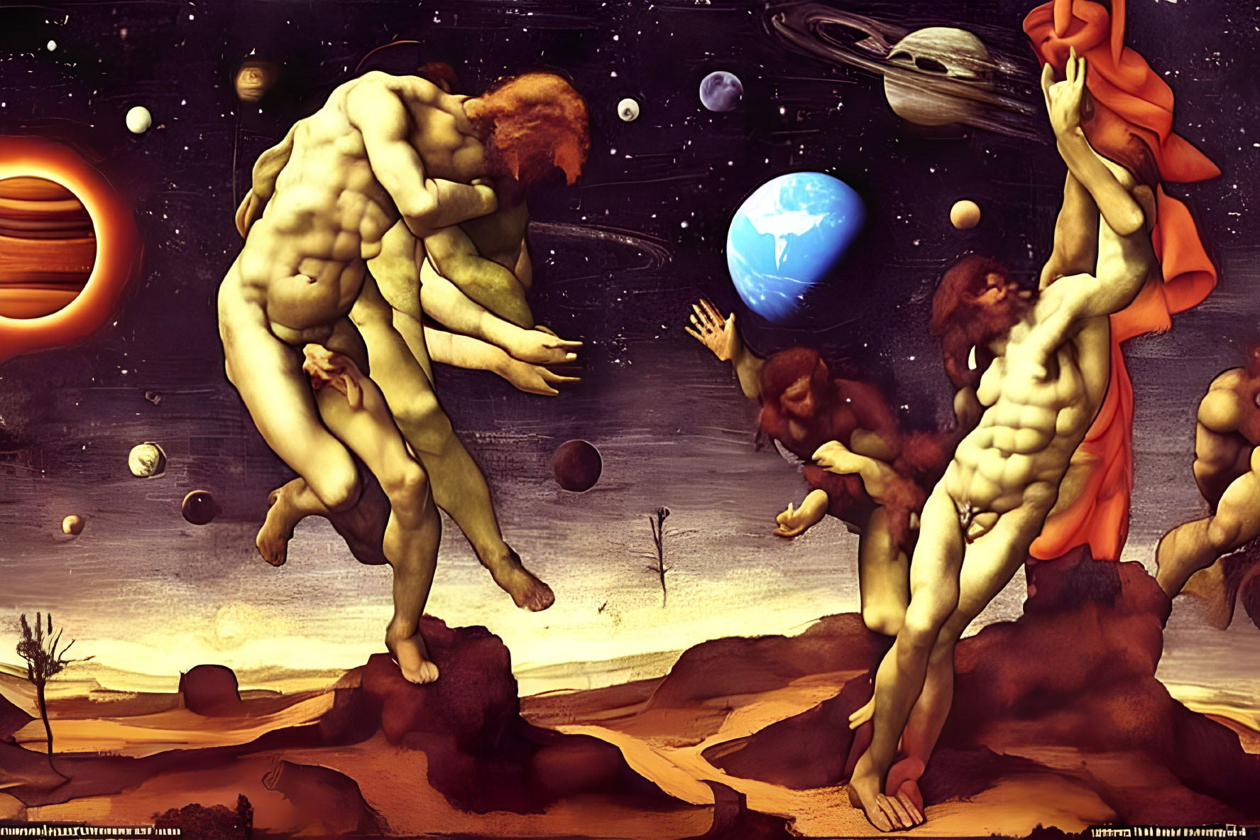 Muscular humanoid figures in surreal cosmic landscape.