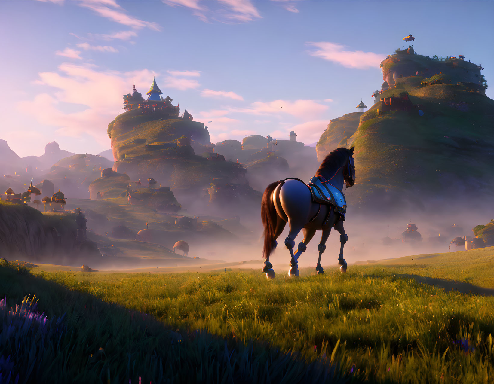 Horse in grassy field at sunrise with castle-topped spires