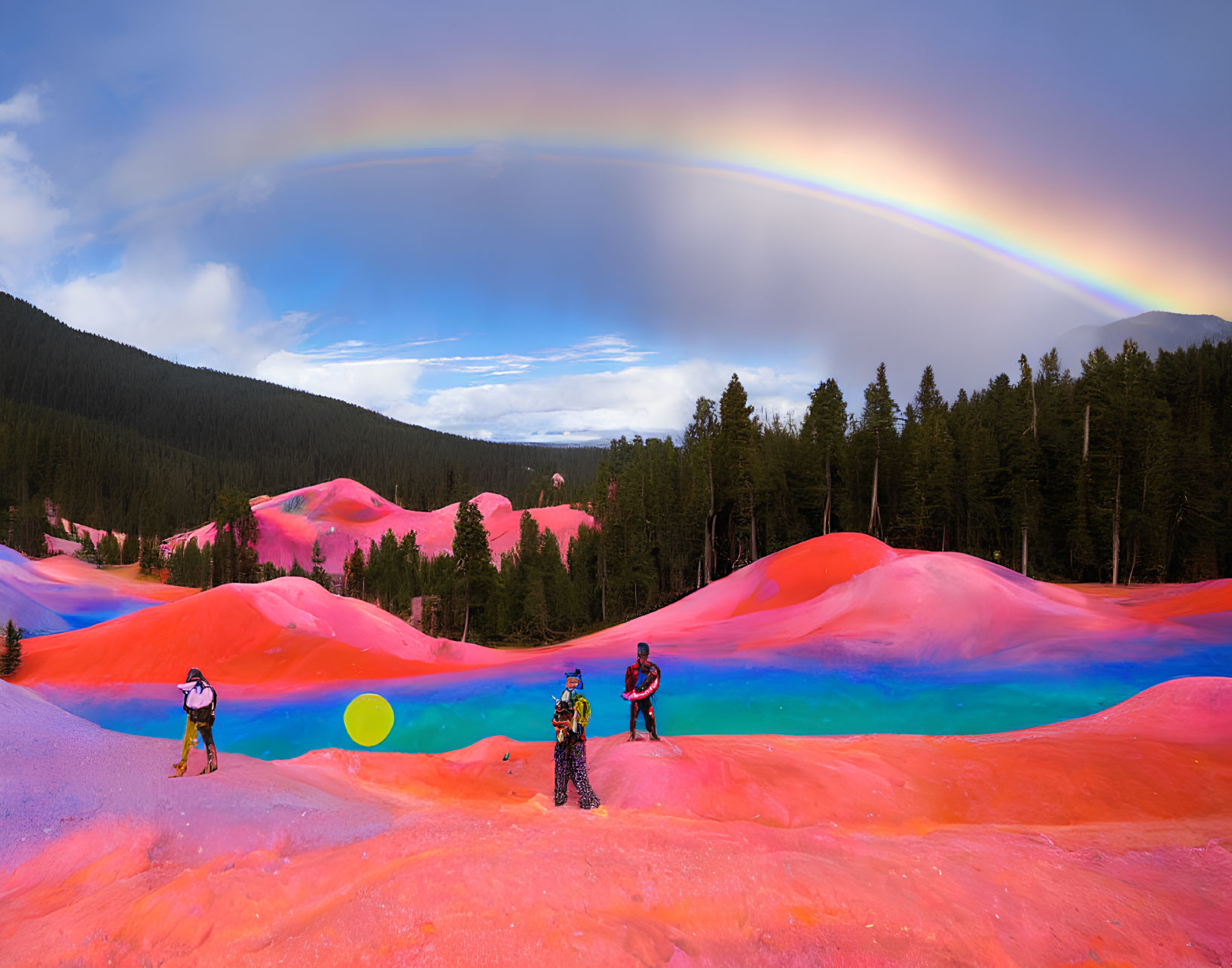 Vibrant landscape with hikers under rainbow in forest.