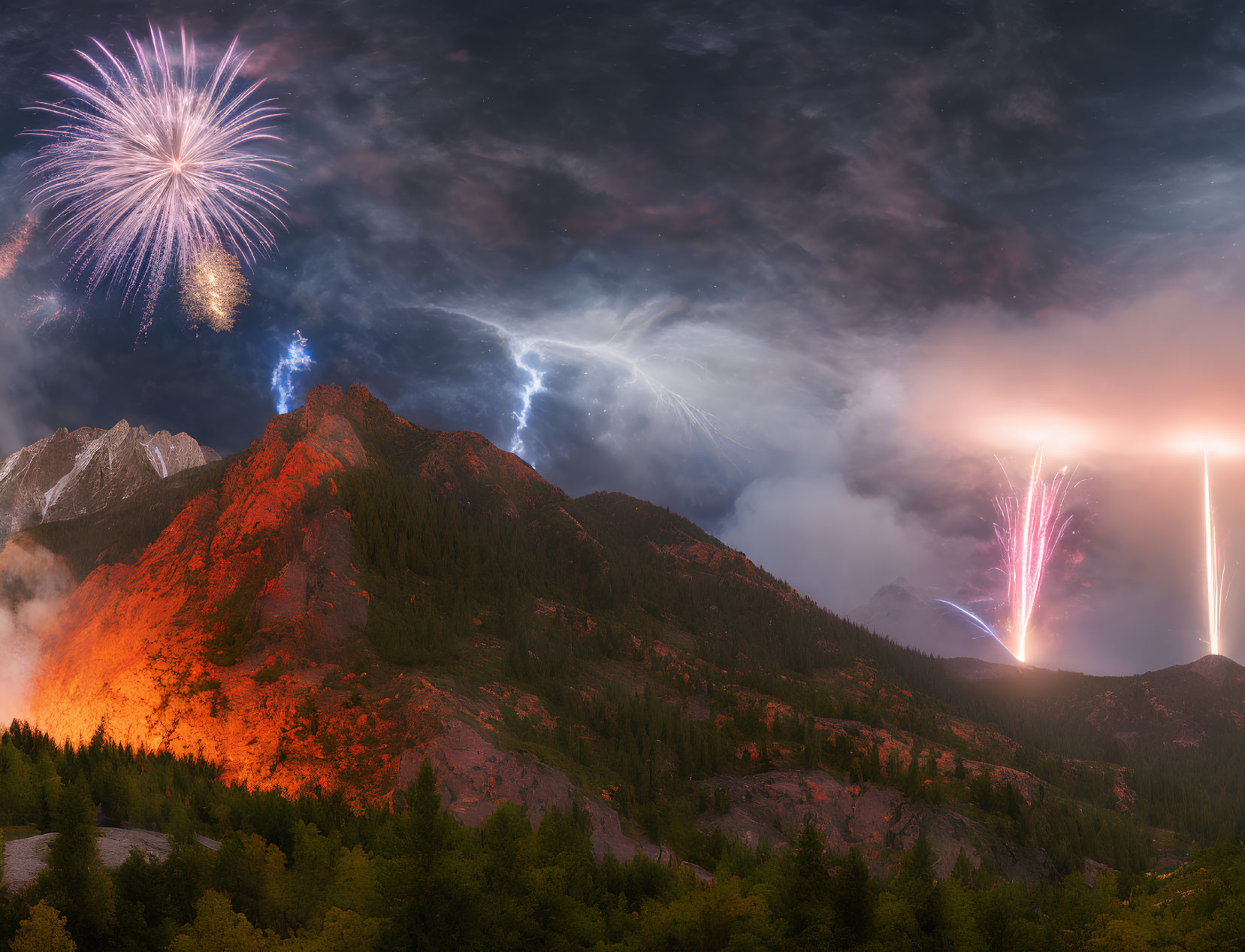 Colorful fireworks and lightning over mountain landscape with forest fire