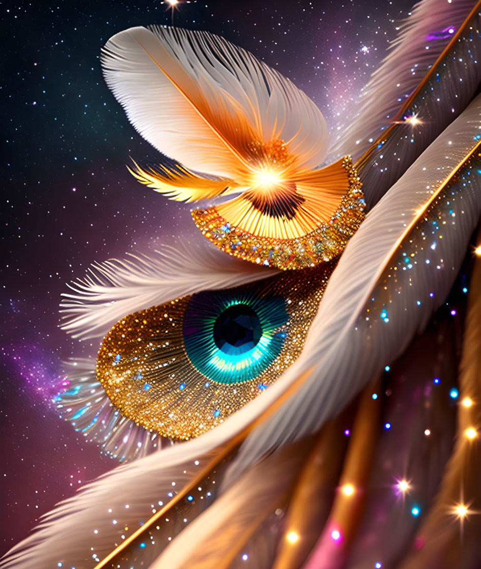 Vibrantly colored eye with golden feathers on cosmic backdrop