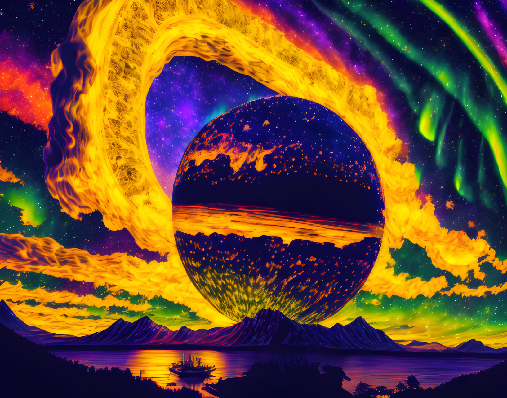 Sci-Fi Landscape with Celestial Body, Ring of Fire, Northern Lights, and Lake