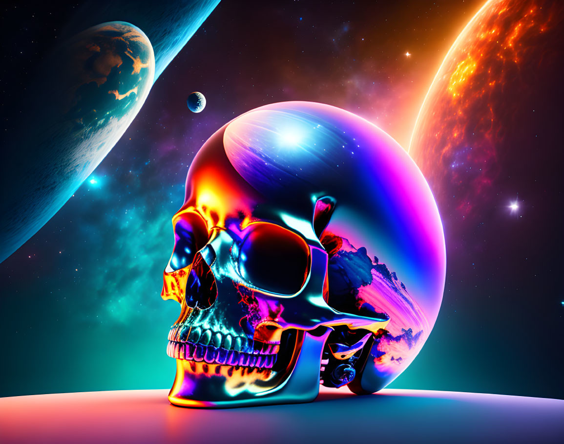 Colorful digital art: Chromatic skull with cosmic nebula, planets, stars