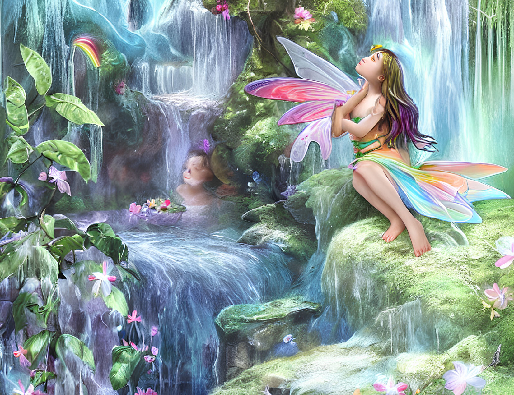 Vivid fairy illustration by waterfall with lush greenery