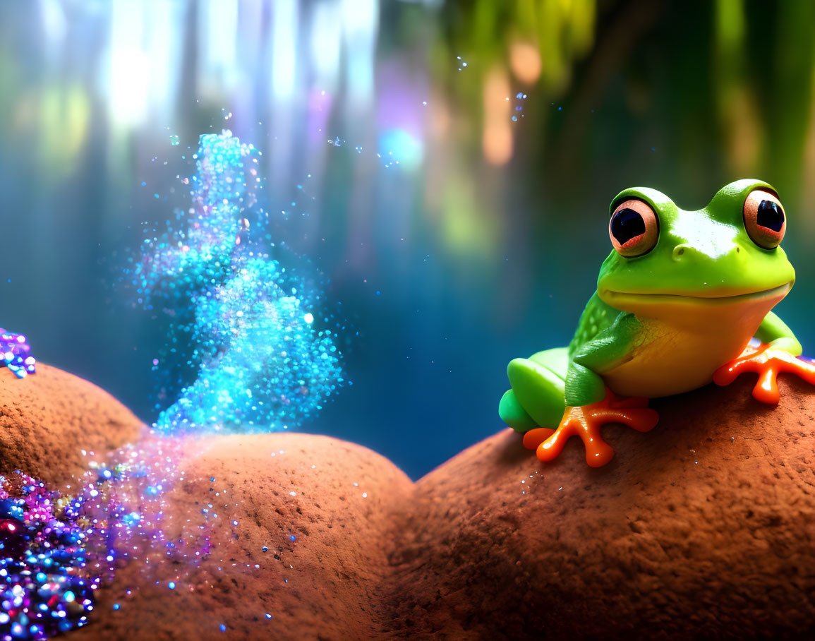 Colorful Frog on Rock Surrounded by Blue Sparkles in Forest