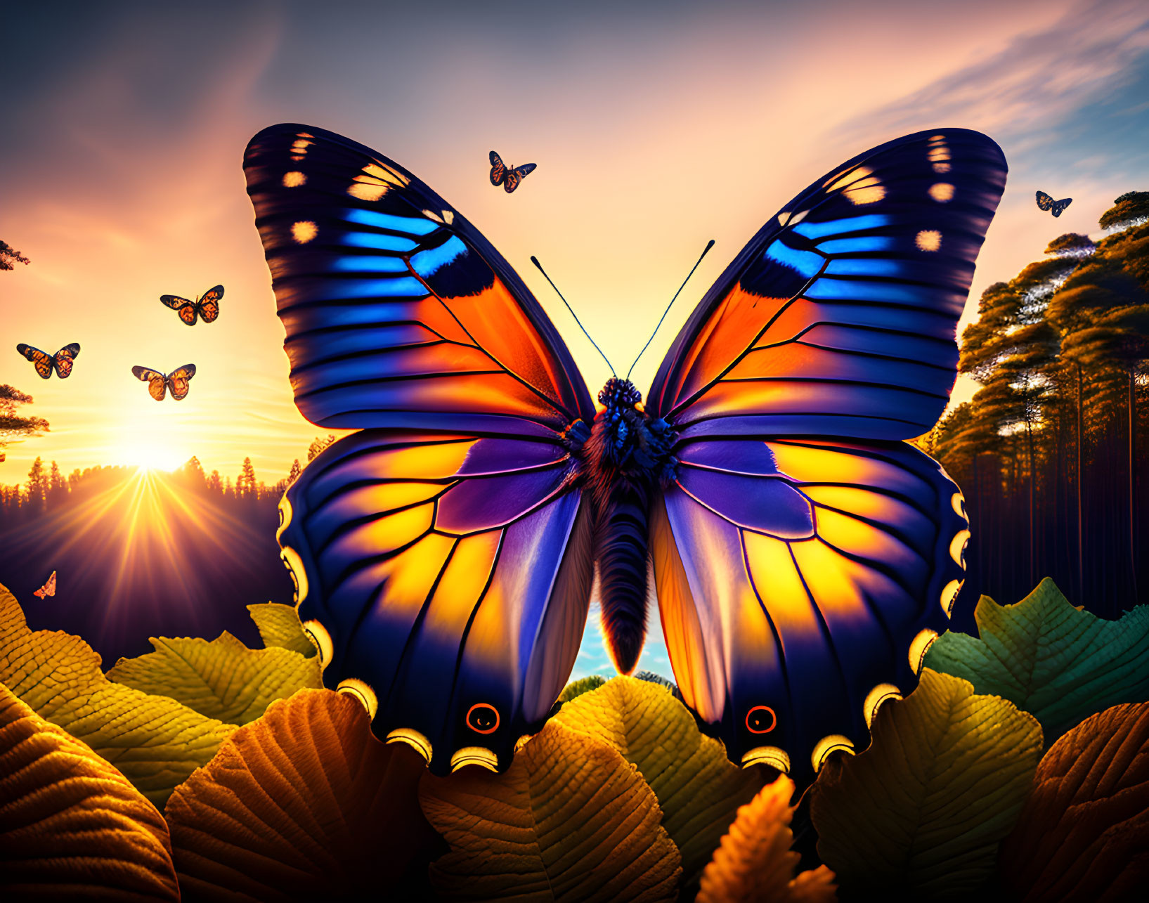 Colorful Butterfly with Blue and Orange Wings in Forest Scene