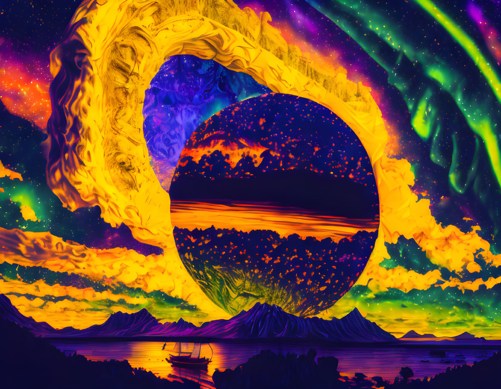 Vibrant psychedelic landscape with swirling sky and surreal portal