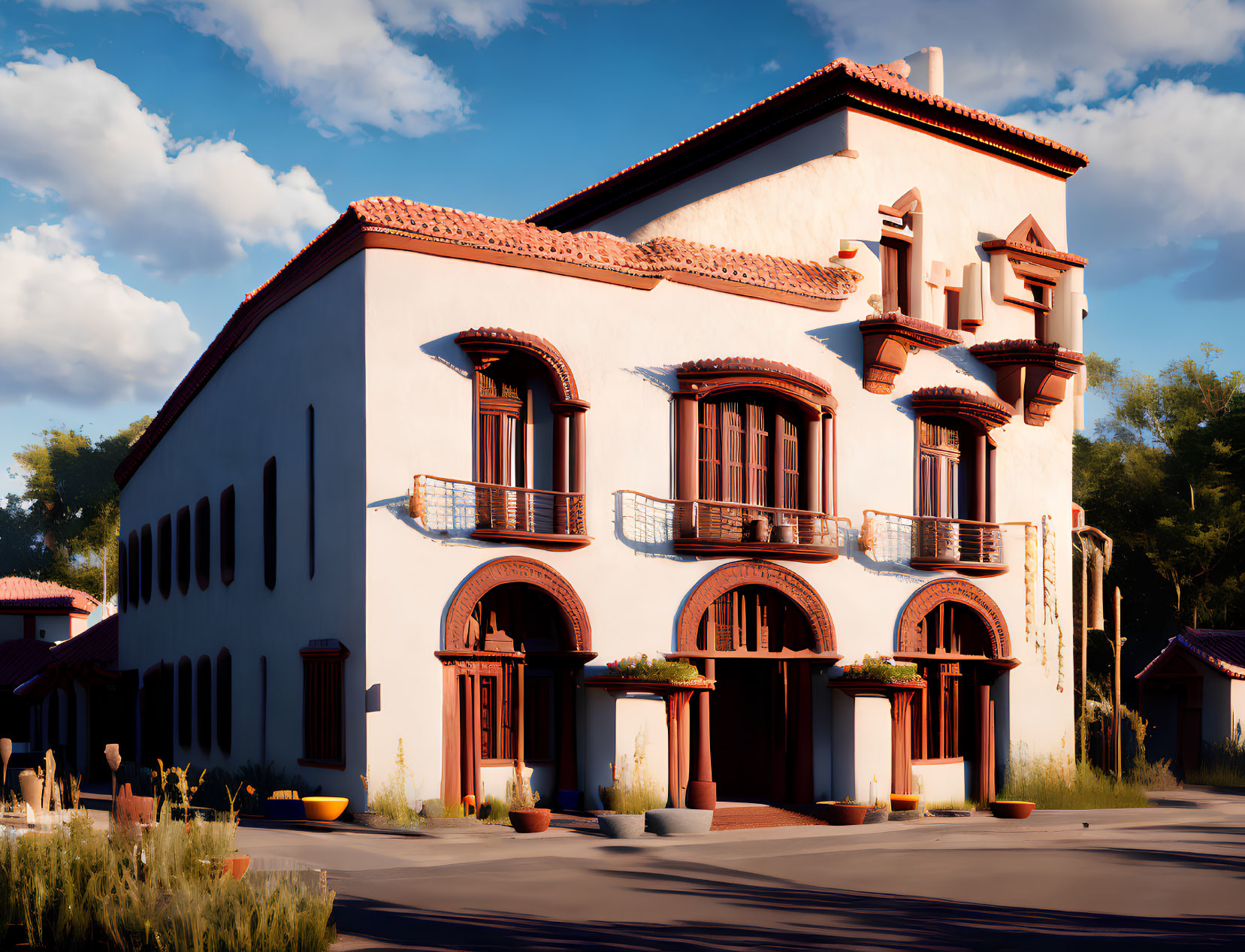 Spanish Style Two-Story Building with Terracotta Roof Tiles and Arched Doorways in Sunset Scene