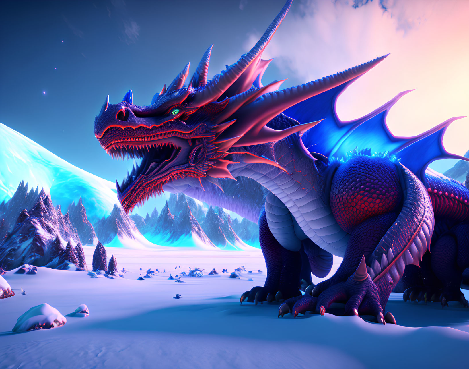 Red Dragon with Blue Wings in Snowy Landscape with Pine Trees and Mountains at Sunset