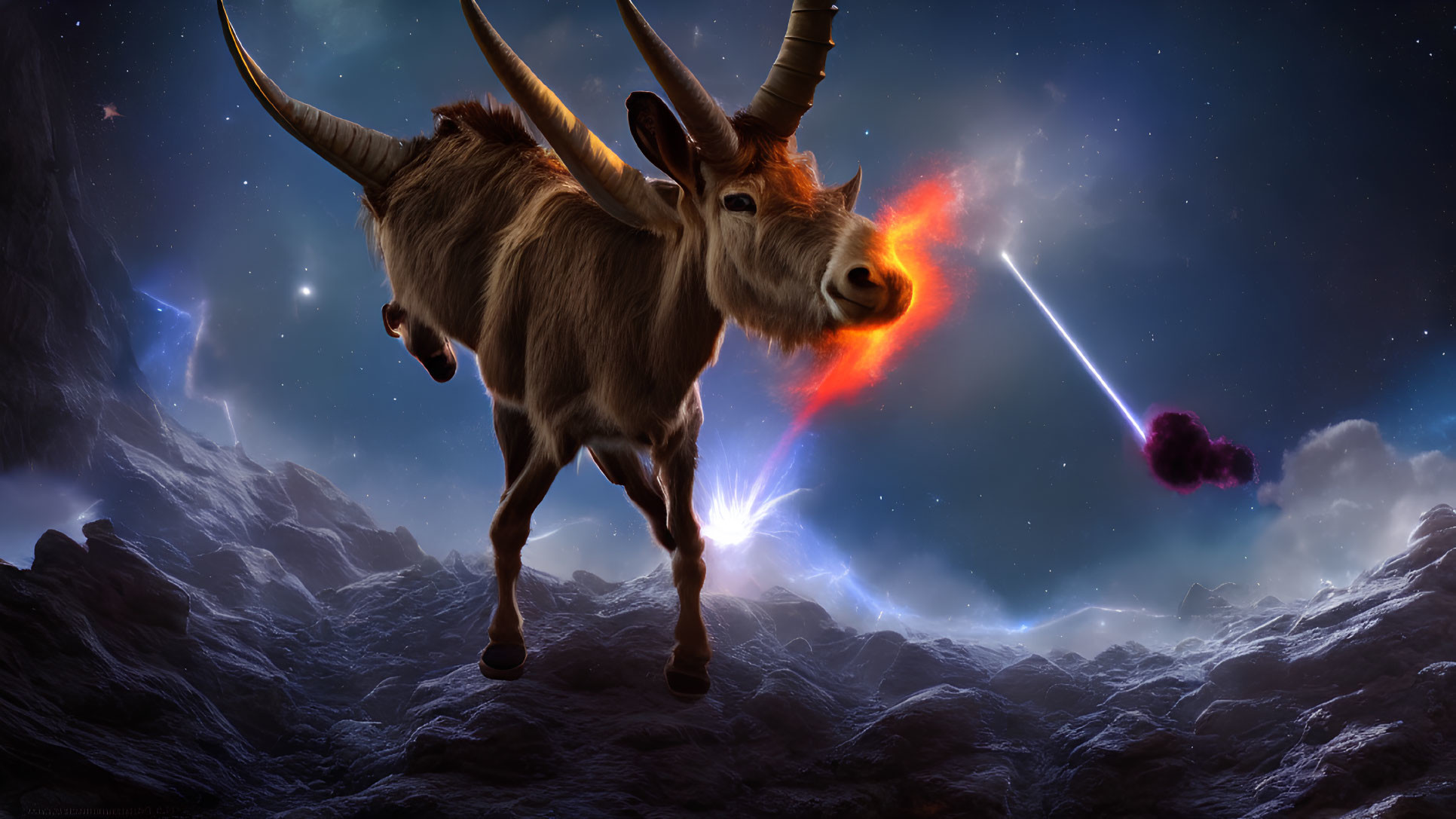 Large-horned goat on rocky terrain under cosmic sky.