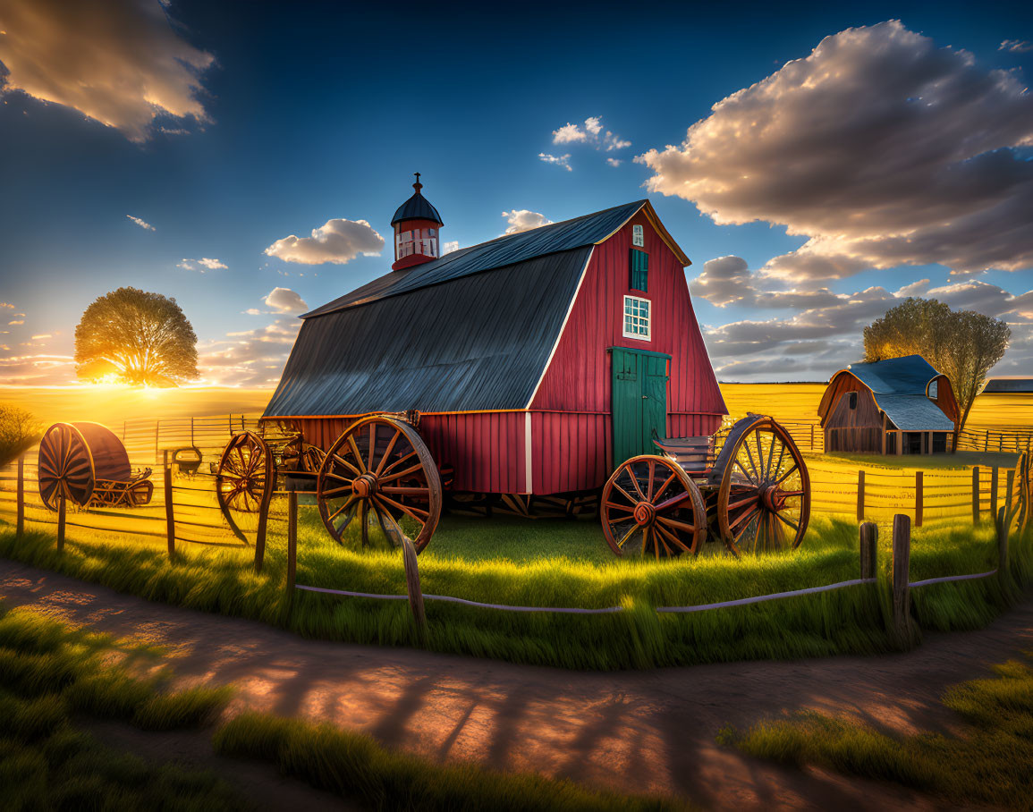 Picturesque red barn at sunset in green pasture with wooden fence