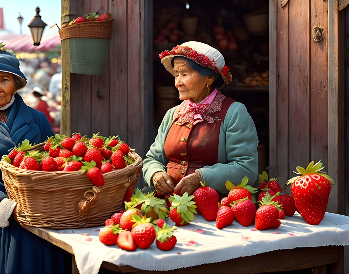 Elderly woman sells ripe strawberries at sunny market stall