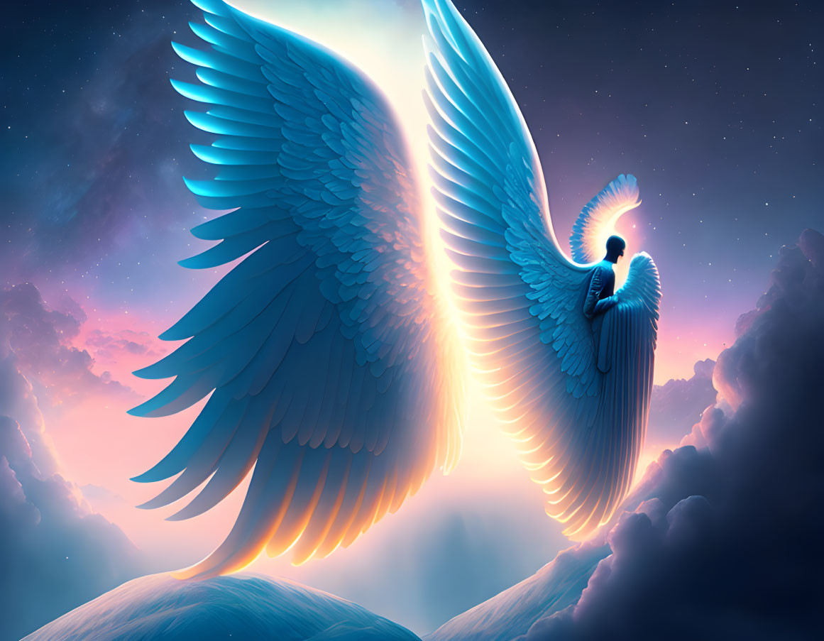 Figure with luminous wings on clouds under twilight sky: surreal and majestic.