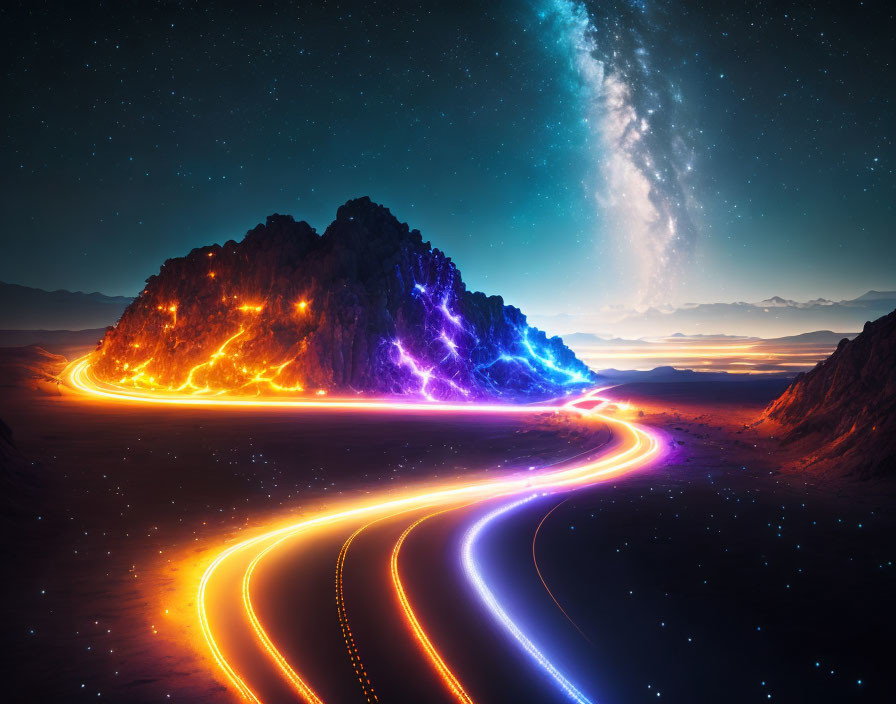 Colorful Light Trails Illuminate Mountain Range in Night Sky