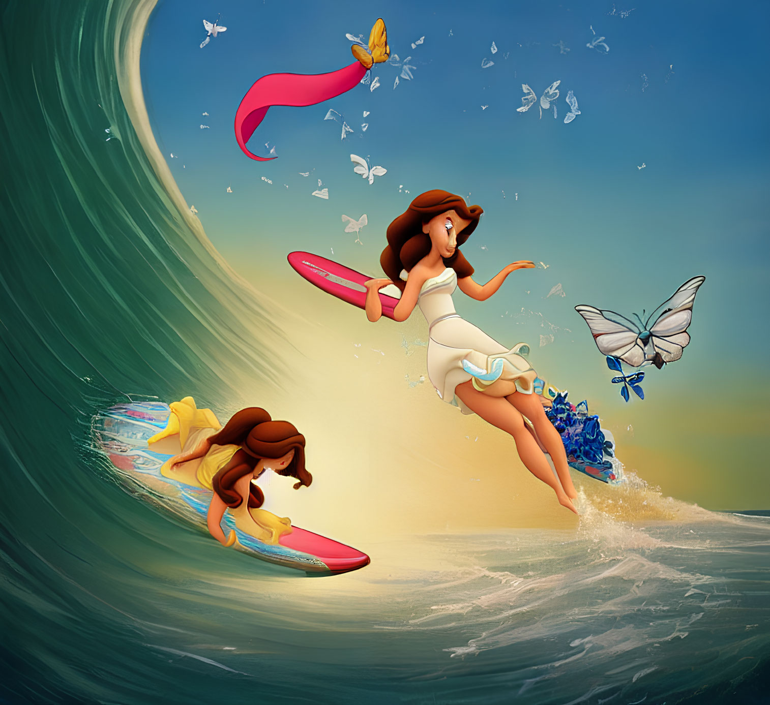 Two female characters surfing on a large wave with butterflies and a bird, one on a pink board and