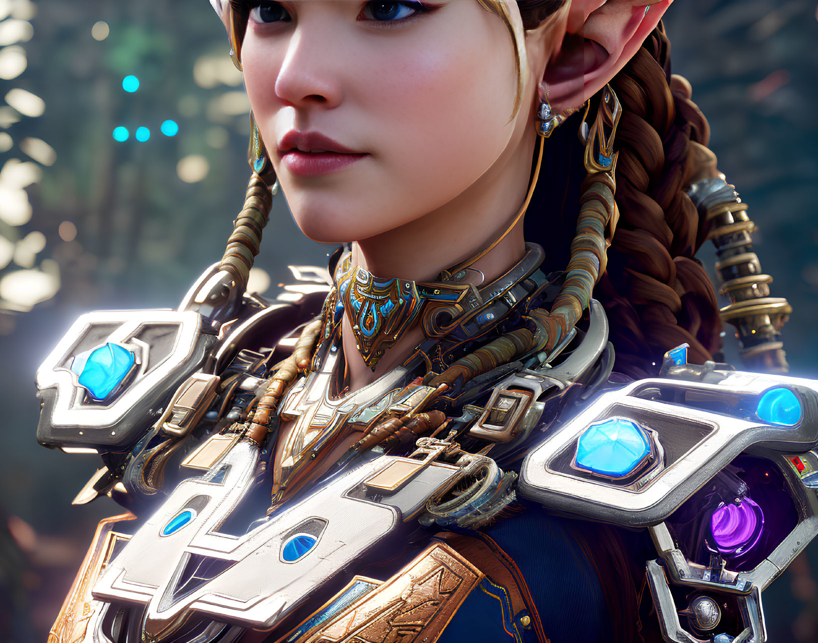 Detailed Close-Up of Female Character with Elven Features and Glowing Blue Armor