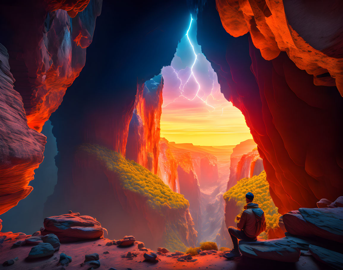 Person sitting on rock ledge overlooking vibrant canyons and dramatic sky.